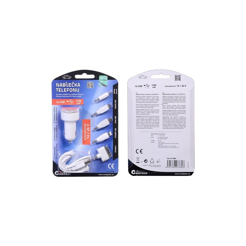 Telefonoplader 12V 2,1A (iPhone 4/5/6, micro USB, Nokia)