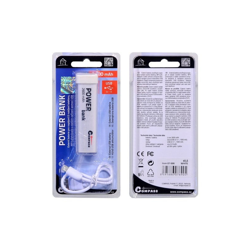 POWER BANK 2600mA bílý + 30cm kabel