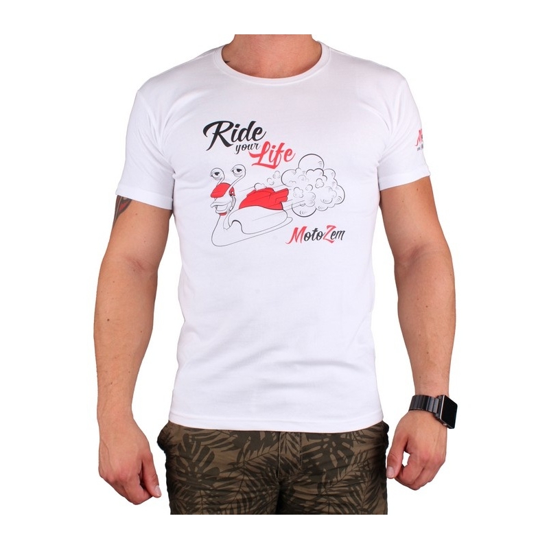 T-shirt s motivem MotoZem Ride your life hvid udsalg