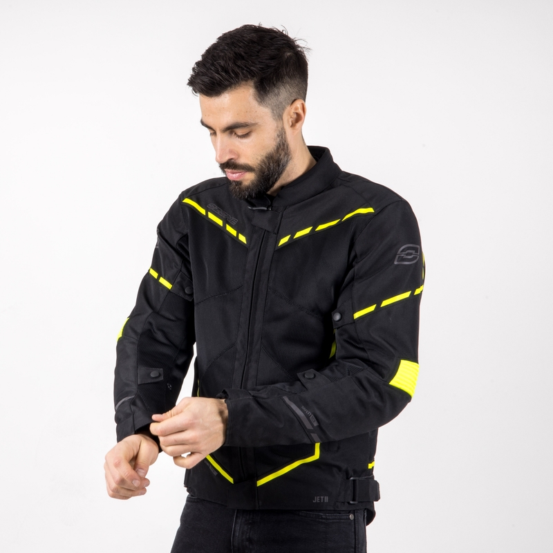 Motojakke Ozone Jet II sort-fluogul udsalg