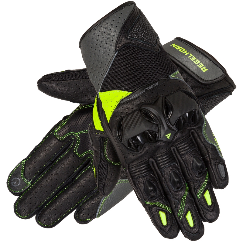 Motorcykelhandsker Rebelhorn Flux II sort-fluo-gul udsalg