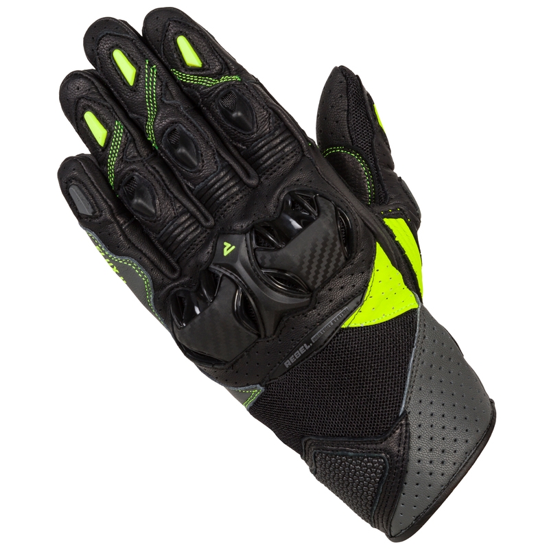 Motorcykelhandsker Rebelhorn Flux II sort-fluo-gul udsalg