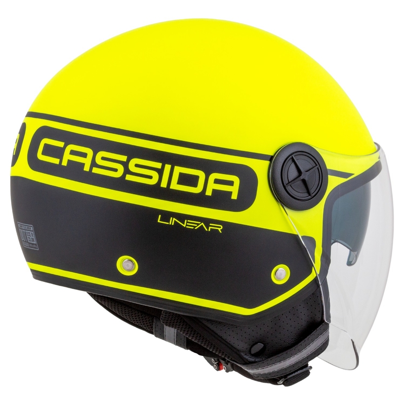 Cassida Handy Plus Linear fluogul-sort åben motorcykelhjelm