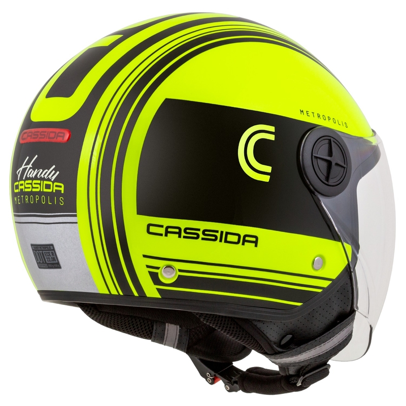 Cassida Handy Metropolis Safety fluogul-sort-reflekterende grå åben motorcykelhjelm