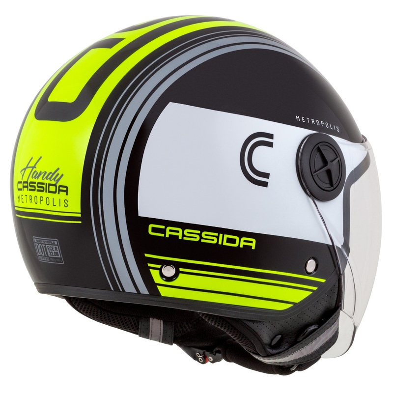 Cassida Handy Metropolis Sort-hvid-fluogul-grå åben motorcykelhjelm