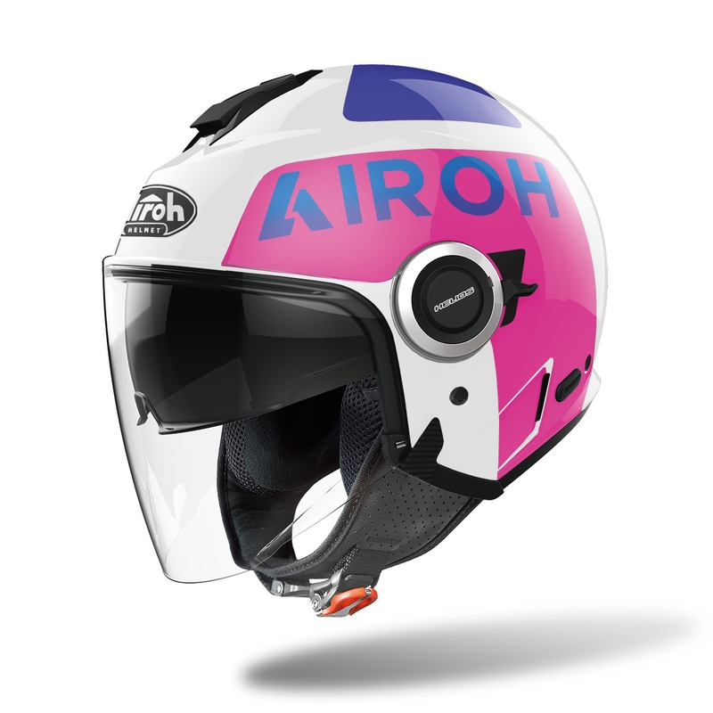 Åben motorcykelhjelm Airoh Helios Up 2022 hvid-blå-pink udsalg