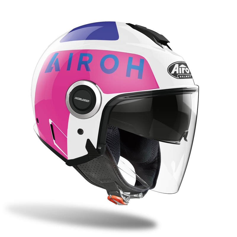 Åben motorcykelhjelm Airoh Helios Up 2022 hvid-blå-pink udsalg