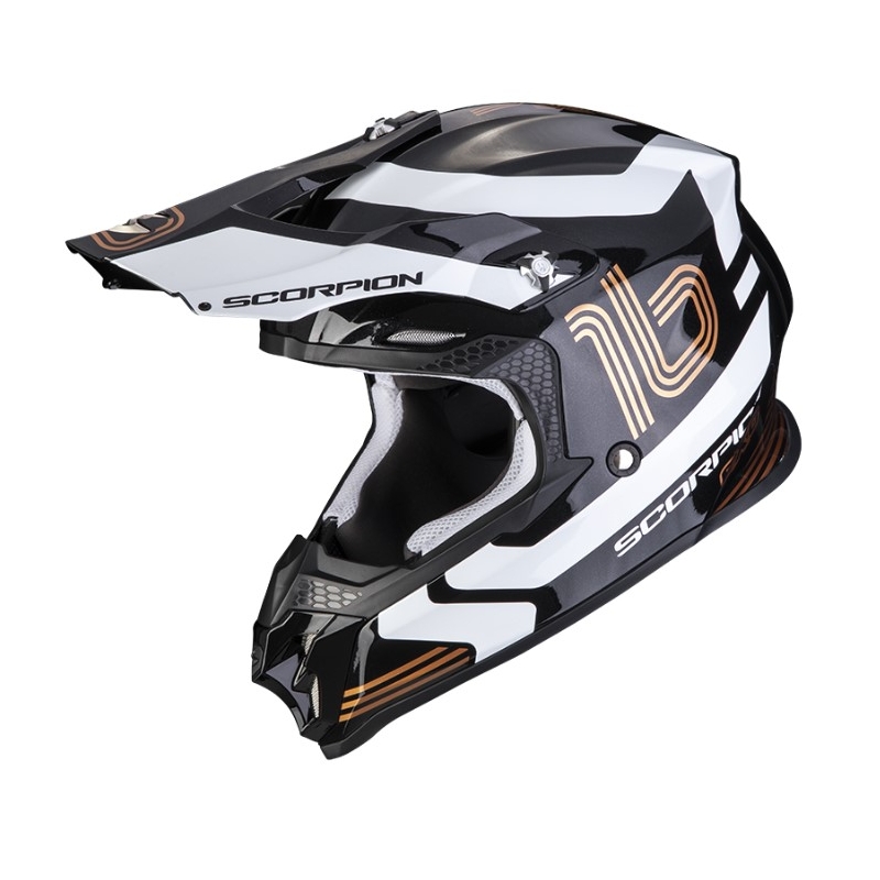 Motokrosová přilba Scorpion VX-16 EVO AIR TUB černo-bílo-zlatá metalická