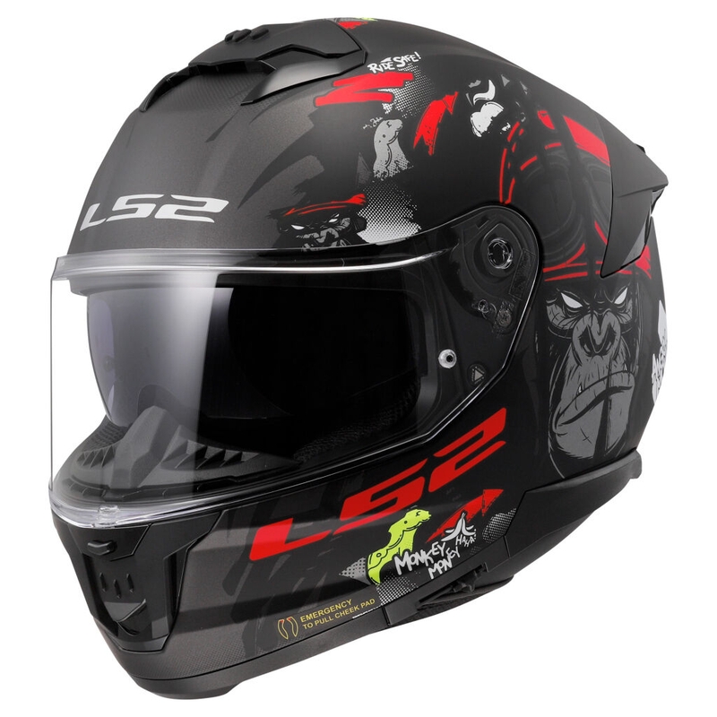 LS2 FF808 Stream II Angry Monkey sort og rød integreret motorcykelhjelm