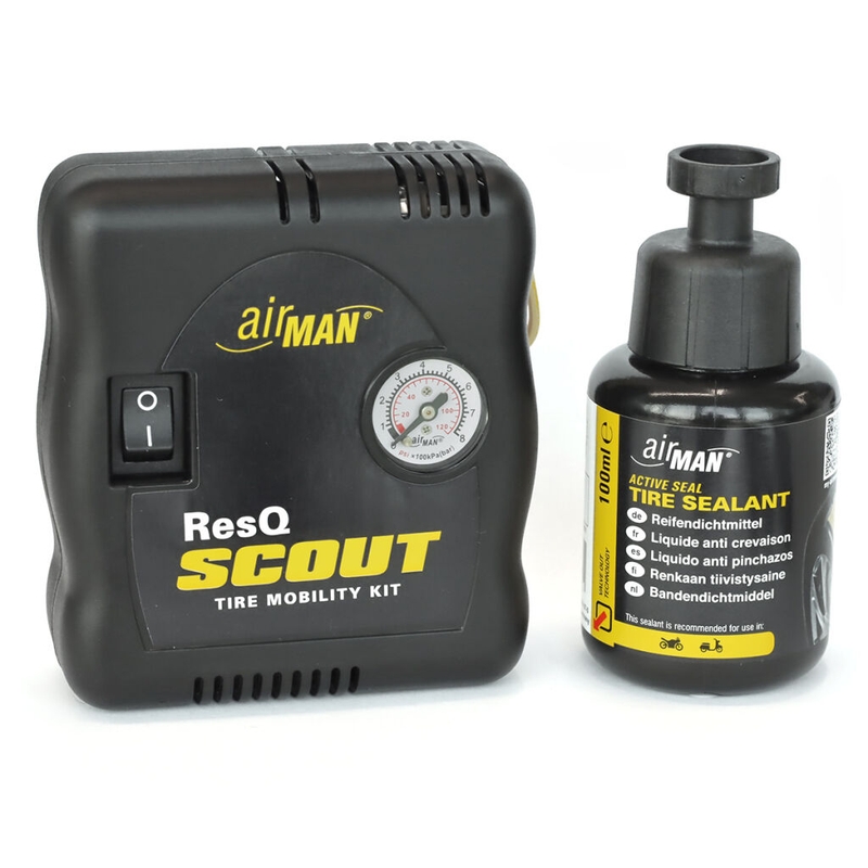 AirMan ResQ Scout dækreparationssæt med kompressor + 100 ml refill