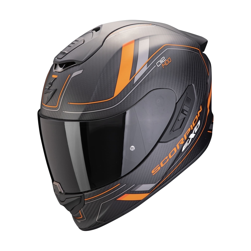 Integreret motorcykelhjelm Scorpion EXO-1400 EVO II CARBON AIR MIRAGE mat sort-orange udsalg