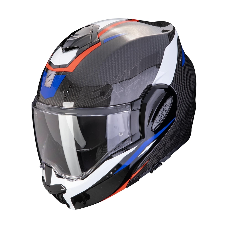 Sammenklappelig motorcykelhjelm Scorpion EXO-TECH EVO CARBON ROVER sort-rød-blå udsalg