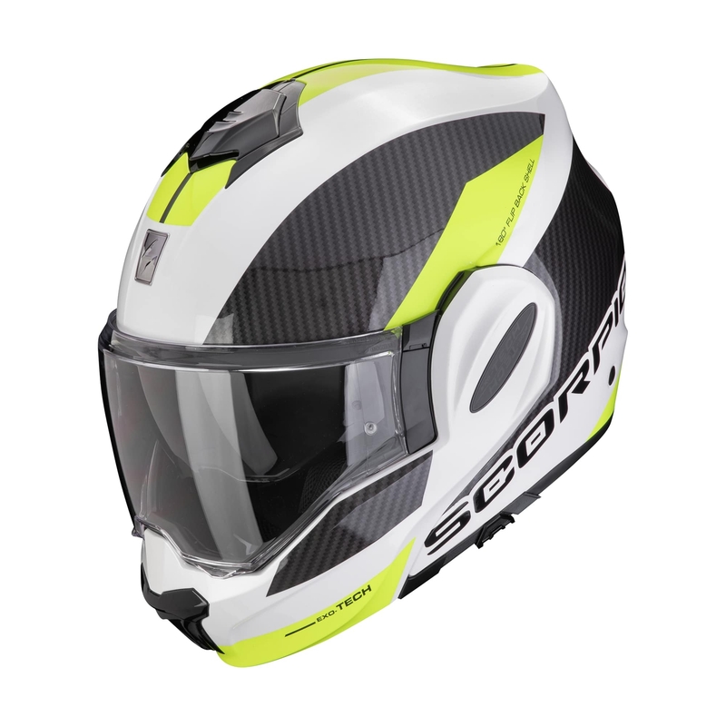 Sammenklappelig motorcykelhjelm Scorpion EXO-TECH EVO TEAM hvid-fluogul udsalg