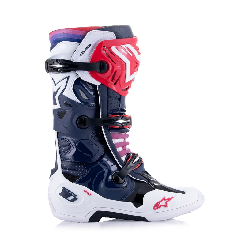 Alpinestars Tech 10 Supervented perforerede motorcykelstøvler mørkeblå-hvid-rød-lilla