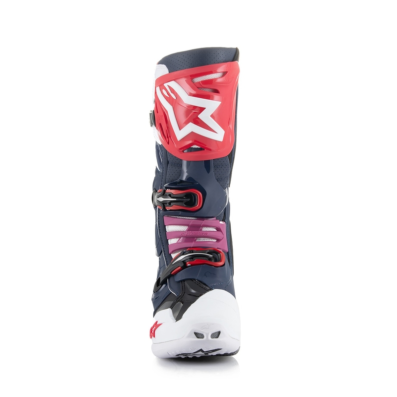 Alpinestars Tech 10 Supervented perforerede motorcykelstøvler mørkeblå-hvid-rød-lilla