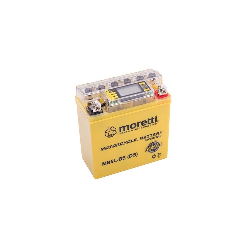 Vedligeholdelsesfrit gelebatteri Moretti MB5L-BS, 12V 5Ah med spændingsmåler