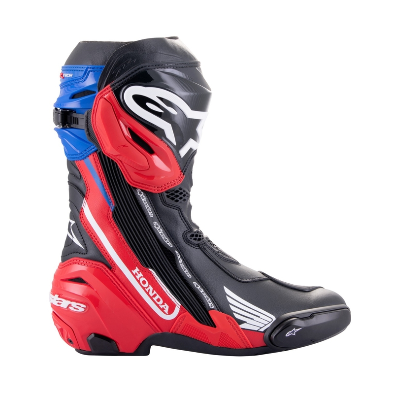 Alpinestars Supertech R Honda motorcykelstøvler sort-rød fluo-blå-hvid