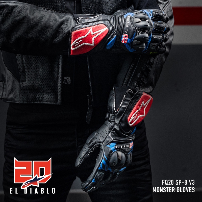 Alpinestars SP-8 3 Monster FQ20 sort-rød-blå-hvide motorcykelhandsker