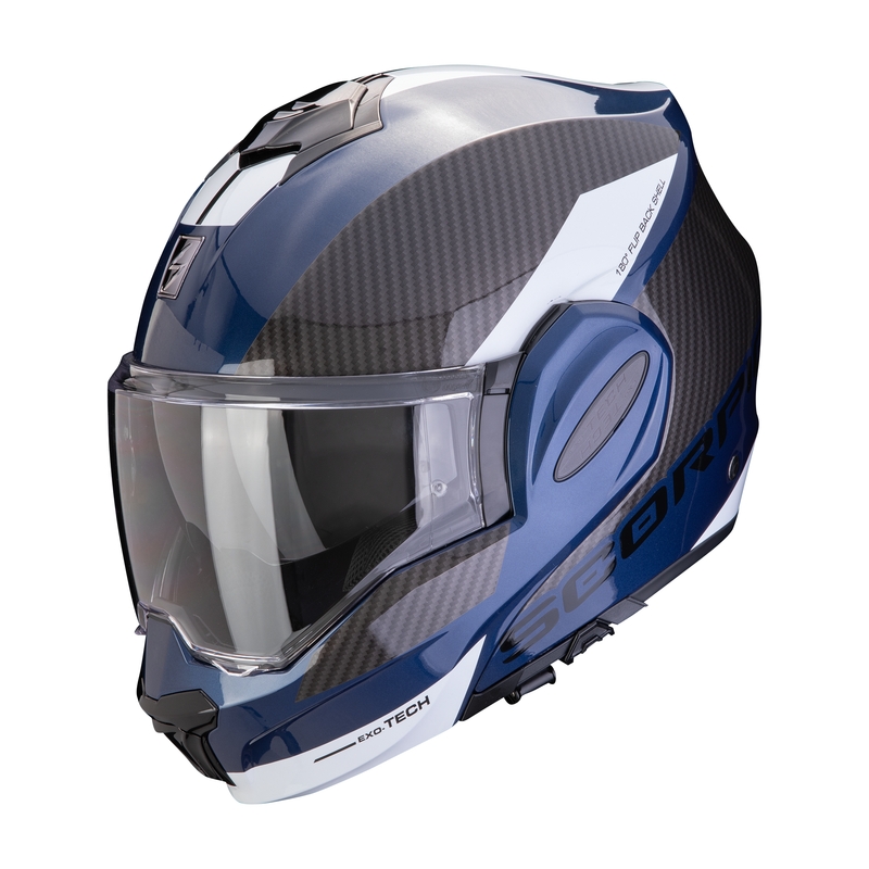 Sammenklappelig motorcykelhjelm Scorpion EXO-TECH EVO TEAM blå-sort-hvid udsalg