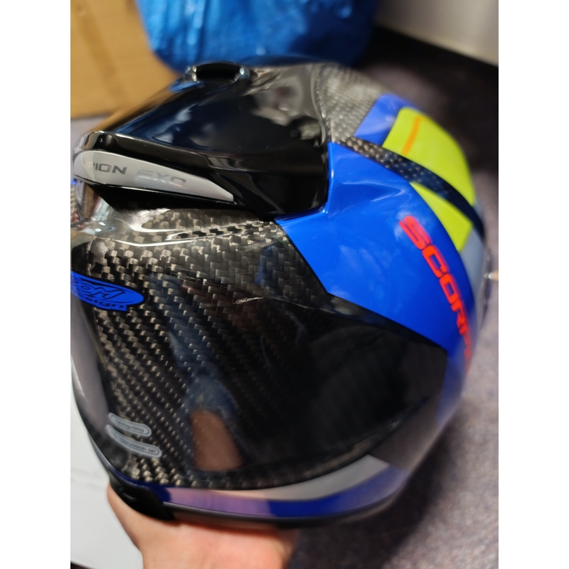 Integreret motorcykelhjelm Scorpion Exo-1400 Carbon Air Legione blue-fluo yellow - Grade II