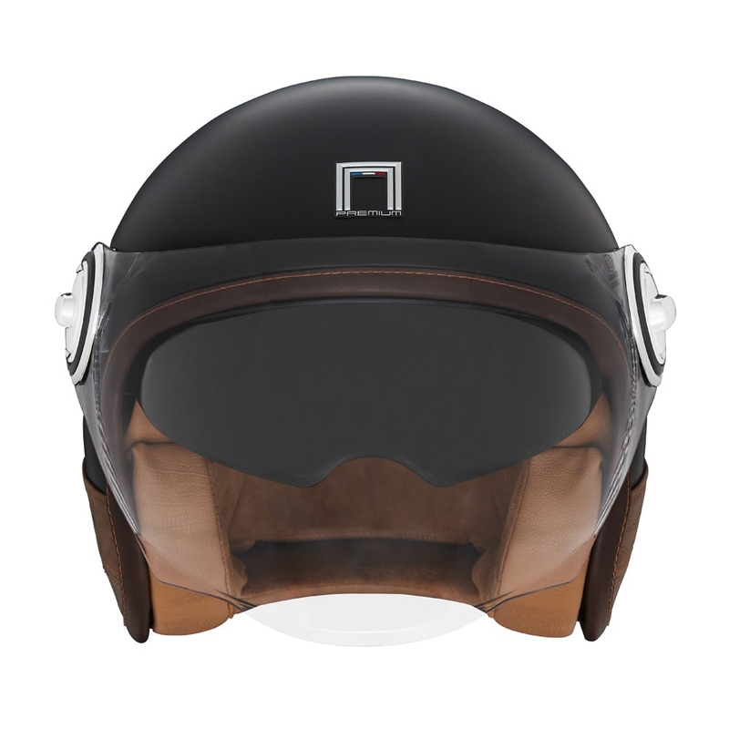 NOX PREMIUM Heritage åben motorcykelhjelm matsort med brunt læder