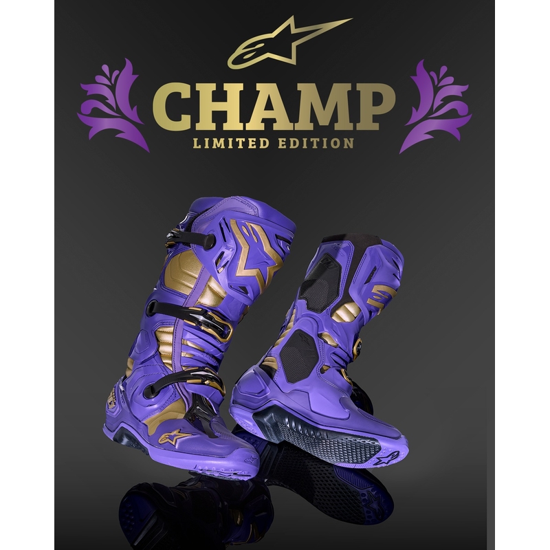 Alpinestars Tech 10 Limited Edition Champ motorcykelstøvler i lilla og guld