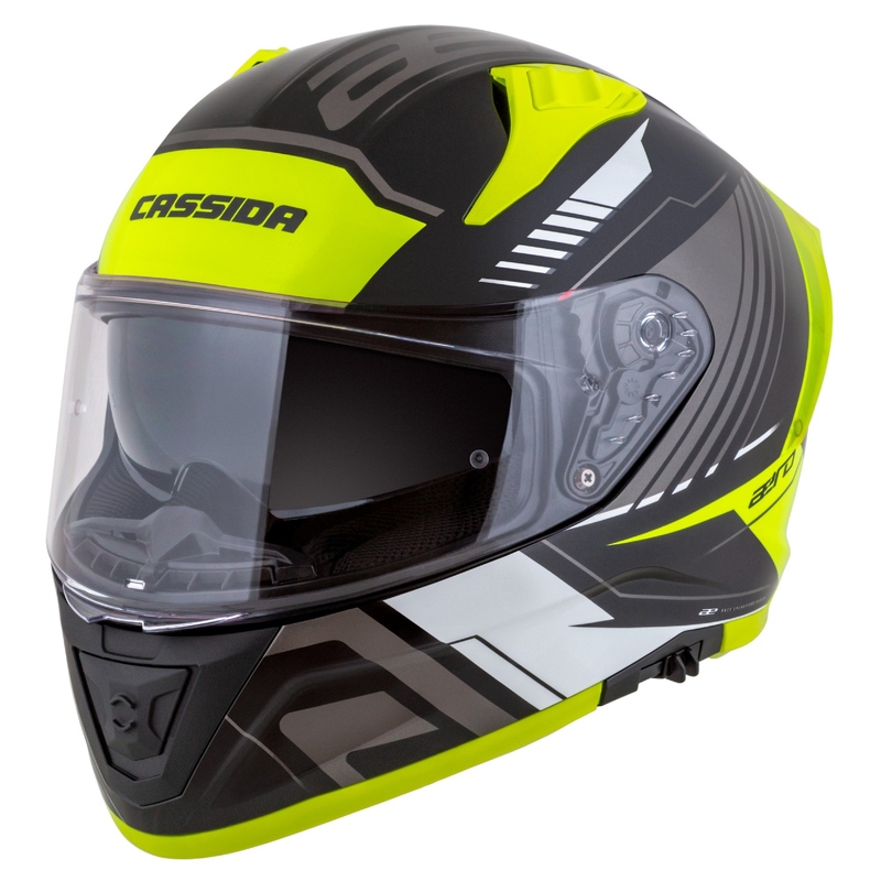 Cassida Aero Drome sort-fluogul-hvid-grå integreret motorcykelhjelm