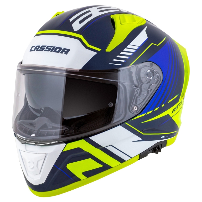 Cassida Aero Drome blå-fluogul-lyseblå-hvid integreret motorcykelhjelm