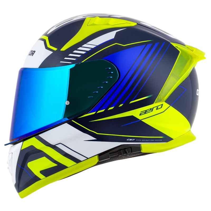 Cassida Aero Drome blå-fluogul-lyseblå-hvid integreret motorcykelhjelm