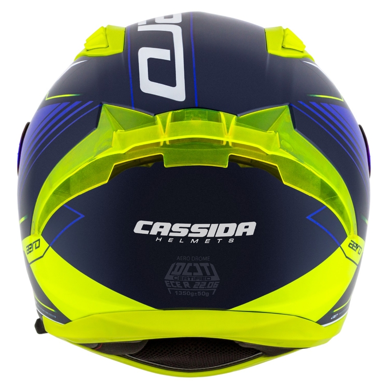Cassida Aero Drome blå-fluogul-lyseblå-hvid integreret motorcykelhjelm