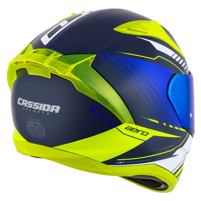 Cassida Aero Drome blå-fluogul-lyseblå-hvid integreret motorcykelhjelm