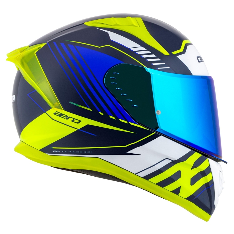 Cassida Aero Drome blå-fluogul-lyseblå-hvid integreret motorcykelhjelm