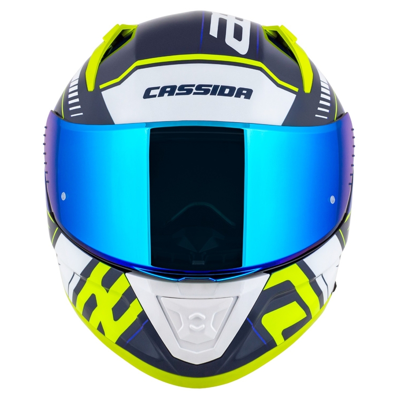 Cassida Aero Drome blå-fluogul-lyseblå-hvid integreret motorcykelhjelm