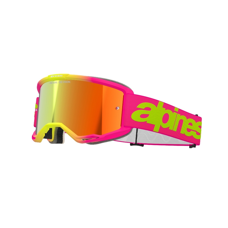 Alpinestars Vision 5 Wordmark pink-fluogule motocrossbriller med spejlende rød plexi