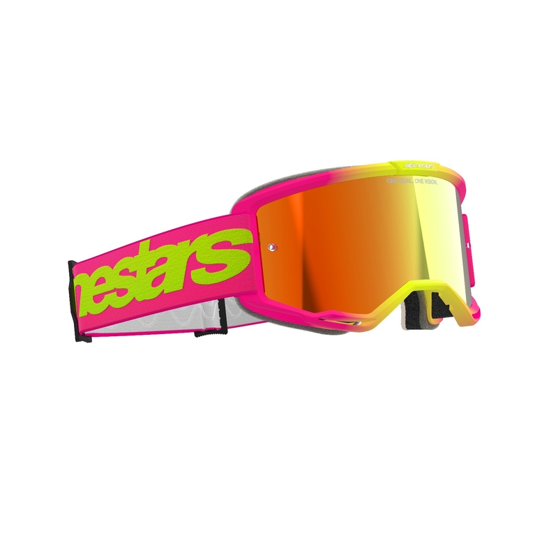 Alpinestars Vision 5 Wordmark pink-fluogule motocrossbriller med spejlende rød plexi