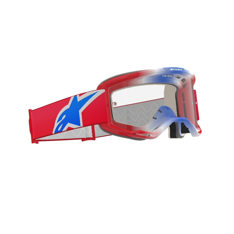 Alpinestars Vision 5 Corp røde, hvide og blå motocrossbriller med klar linse