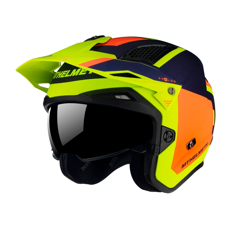 Otevřená trialová přilba na motorku MT District SV Analog D27 modro-oranžovo-fluo žlutá - II. jakost