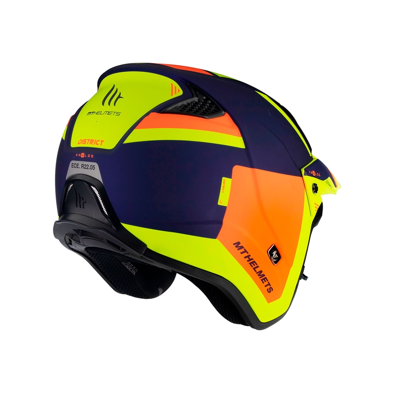Otevřená trialová přilba na motorku MT District SV Analog D27 modro-oranžovo-fluo žlutá - II. jakost
