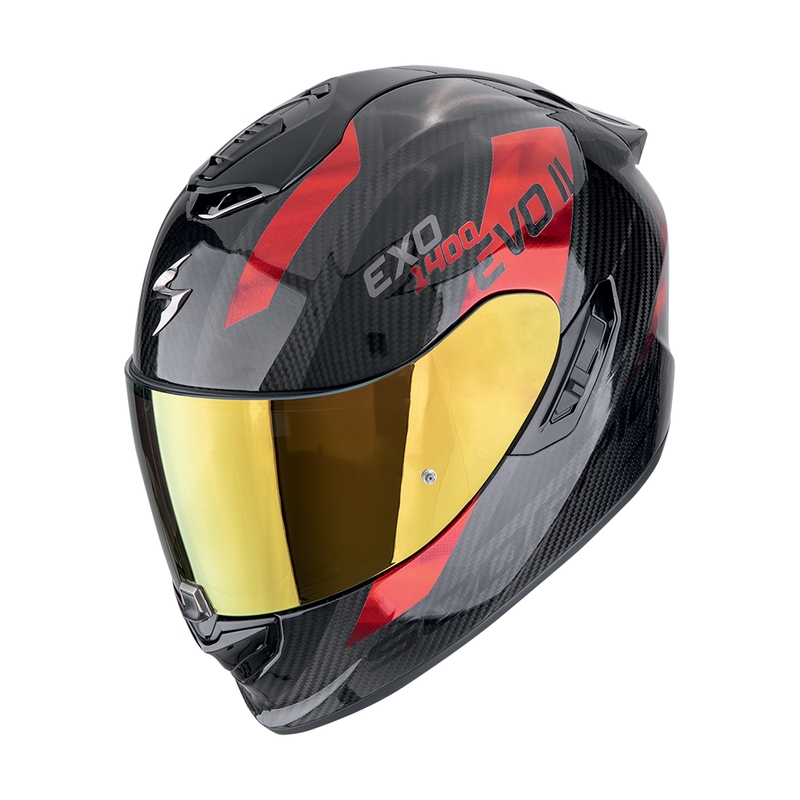 Integreret motorcykelhjelm Scorpion EXO-1400 EVO II CARBON AIR PLATTED sort-rød udsalg