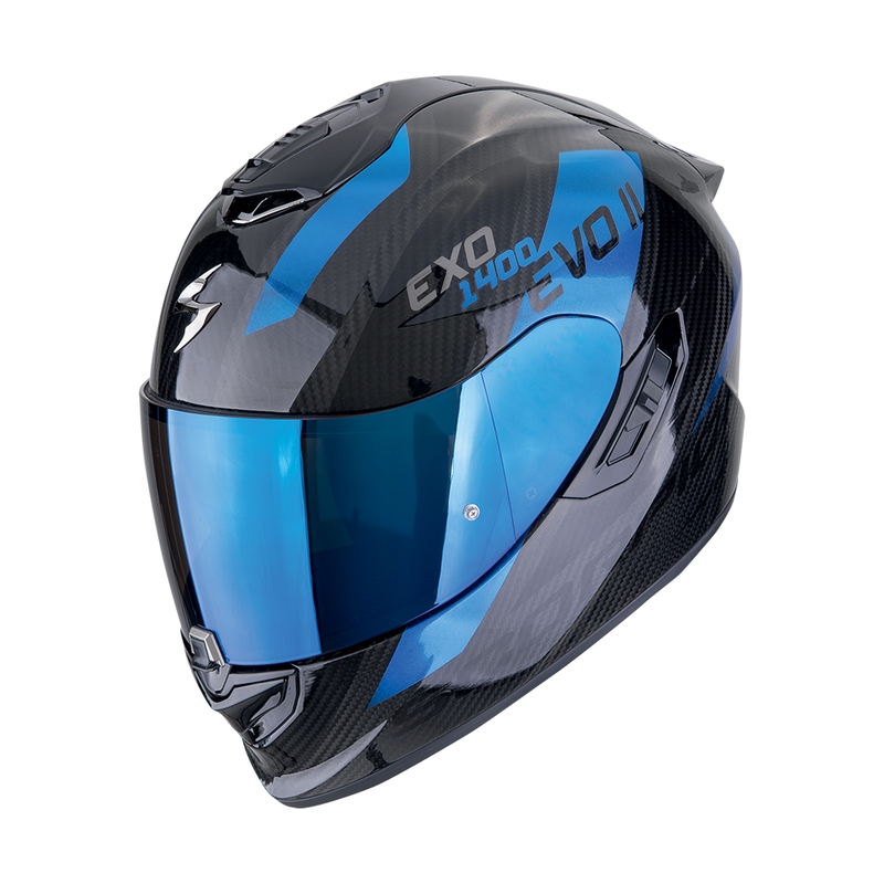 Integreret motorcykelhjelm Scorpion EXO-1400 EVO II CARBON AIR PLATTED sort-blå udsalg