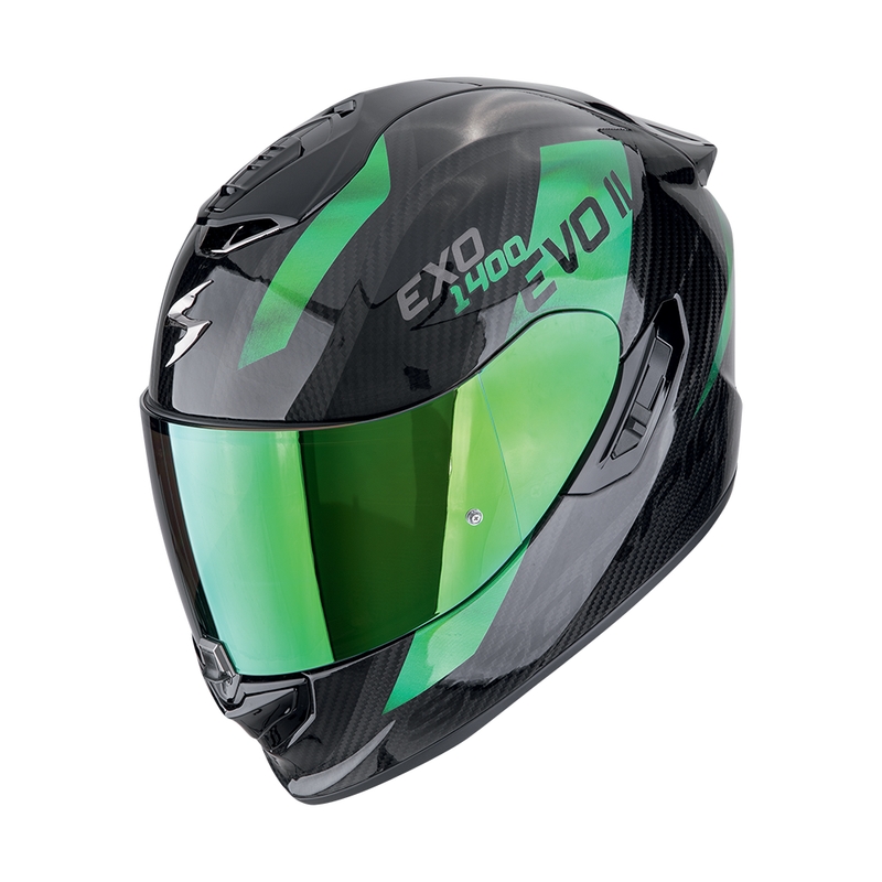 Integreret motorcykelhjelm Scorpion EXO-1400 EVO II CARBON AIR PLATTED sort-grøn udsalg