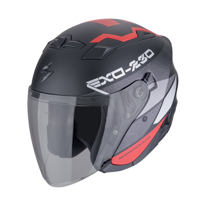 Åben motorcykelhjelm SCORPION EXO-230 BAND mat sort-rød-sølv udsalg