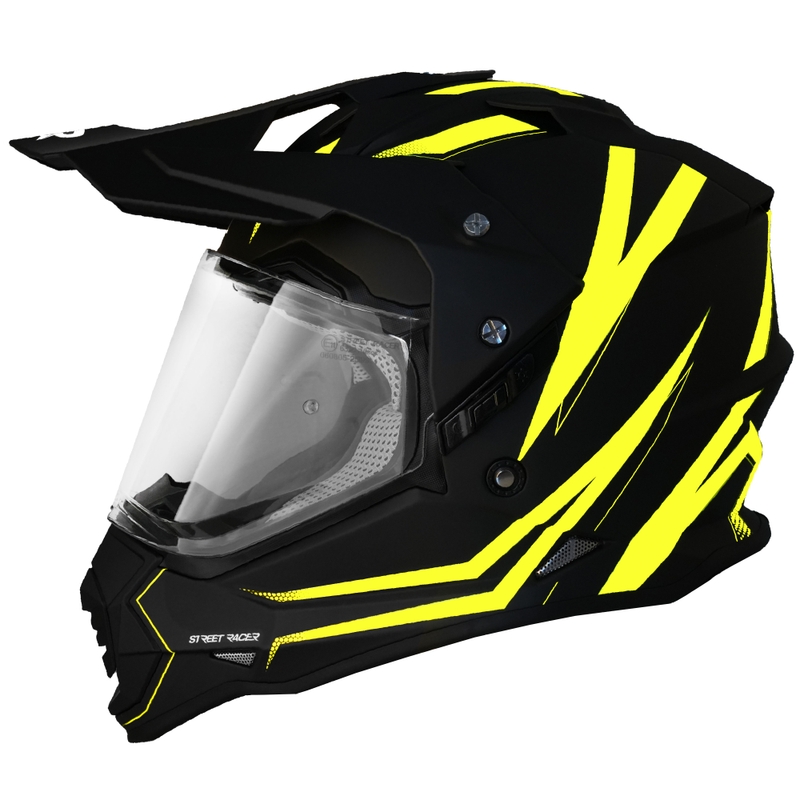 Enduro motorcykelhjelm Street Racer Ignite mat sort-fluo gul