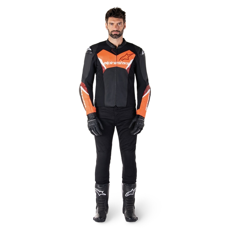 Alpinestars Faster 3 sort-fluorrød motorcykeljakke i læder