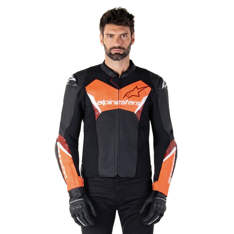 Alpinestars Faster 3 sort-fluorrød motorcykeljakke i læder
