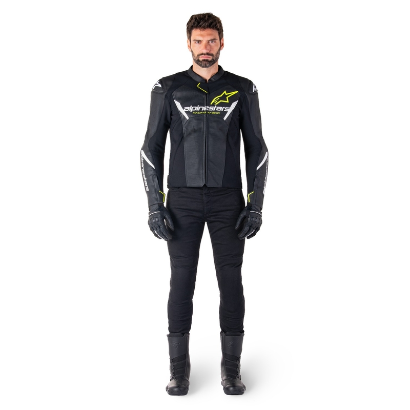 Alpinestars Faster 3 Airflow Black-White-Fluo Yellow motorcykeljakke i læder