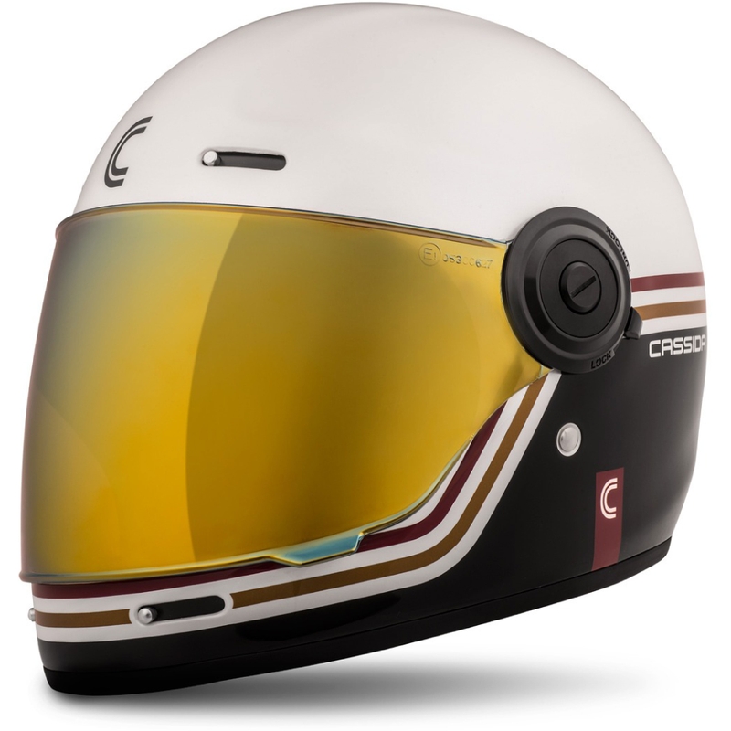 Cassida Fibre Super Hooligan Carat integreret motorcykelhjelm hvid-sort-rød-guld udsalg