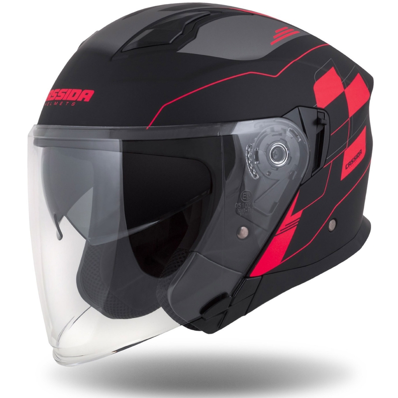 Cassida Jet Tech Roxor åben motorcykelhjelm sort-grå-fluoro rød mat