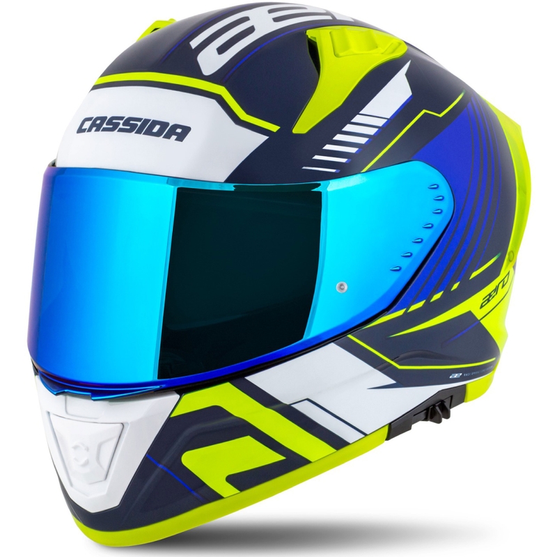 Cassida Aero Drome blå-fluogul-lyseblå-hvid integreret motorcykelhjelm
