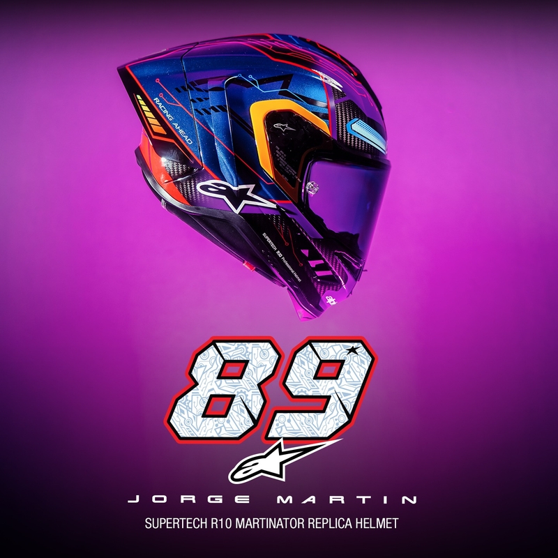 Alpinestars Supertech R-10 limited edition Martinator Jorge Martin blå-lilla-rød-gul integreret motorcykelhjelm